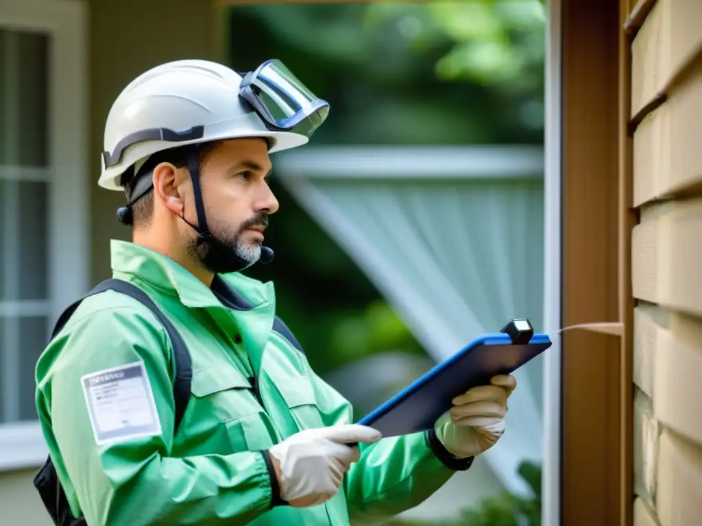 Un técnico de control de plagas inspecciona minuciosamente una propiedad residencial en busca de signos de infestación de insectos