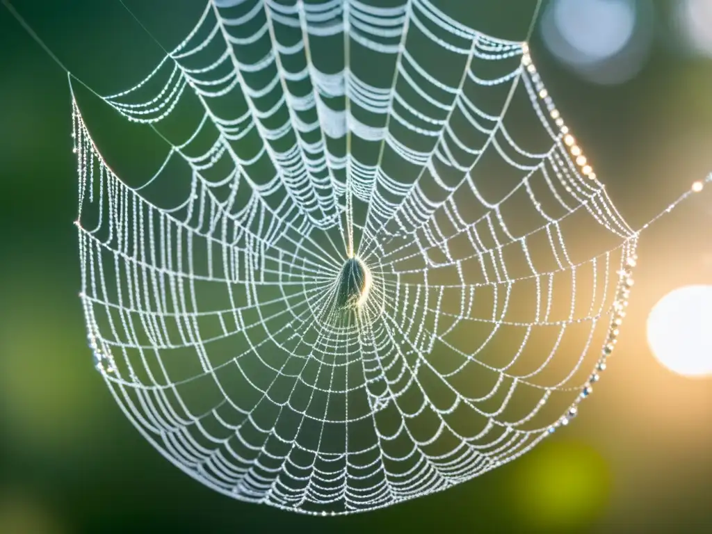 Una tela de araña delicada capturando la luz del sol, con la silueta borrosa de una figura humana al fondo