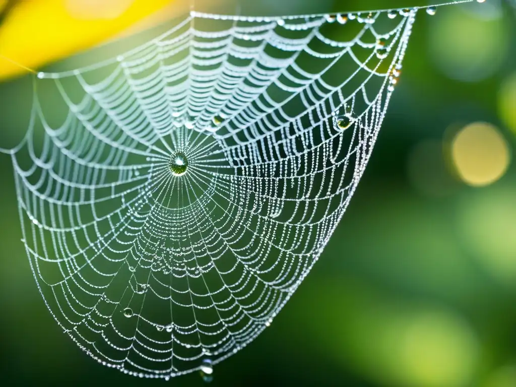 Una tela de araña intrincada y vibrante con gotas de rocío, capturando la belleza y complejidad de la naturaleza