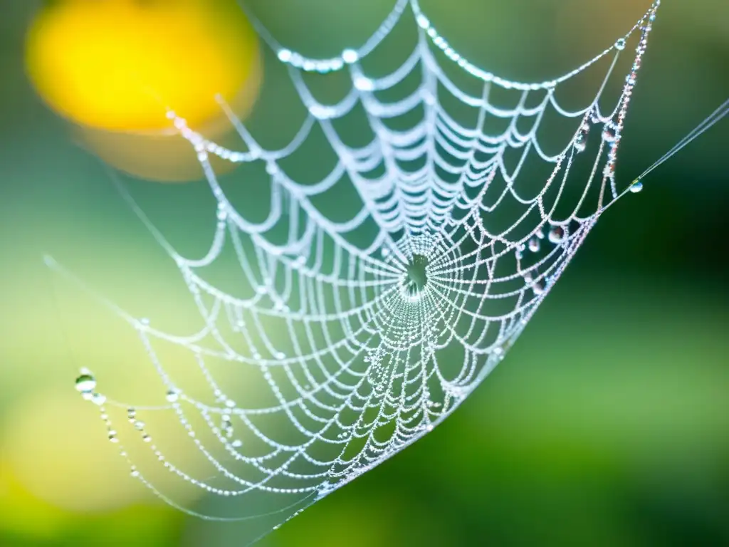 Una tela de araña vibrante con gotas de rocío en la suave luz de la mañana