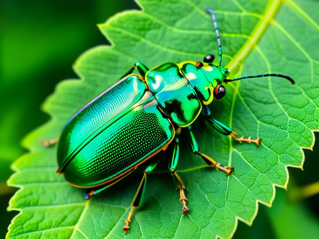 Un tesoro natural: un escarabajo esmeralda reposa en una hoja verde, mostrando sus patrones iridiscentes