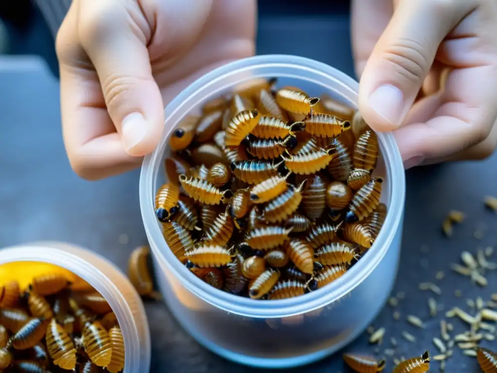 Un trabajador recolecta con cuidado pequeños gusanos de la harina en una producción de suplementos de insectos, mostrando la minuciosidad y la delicadeza en la producción de suplementos de insectos