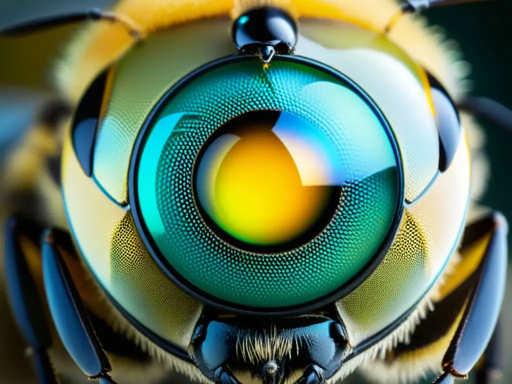 Fotorrecepción ultravioleta en insectos: Detalle asombroso del ojo compuesto de una abeja, con patrón hexagonal y reflejos iridiscentes