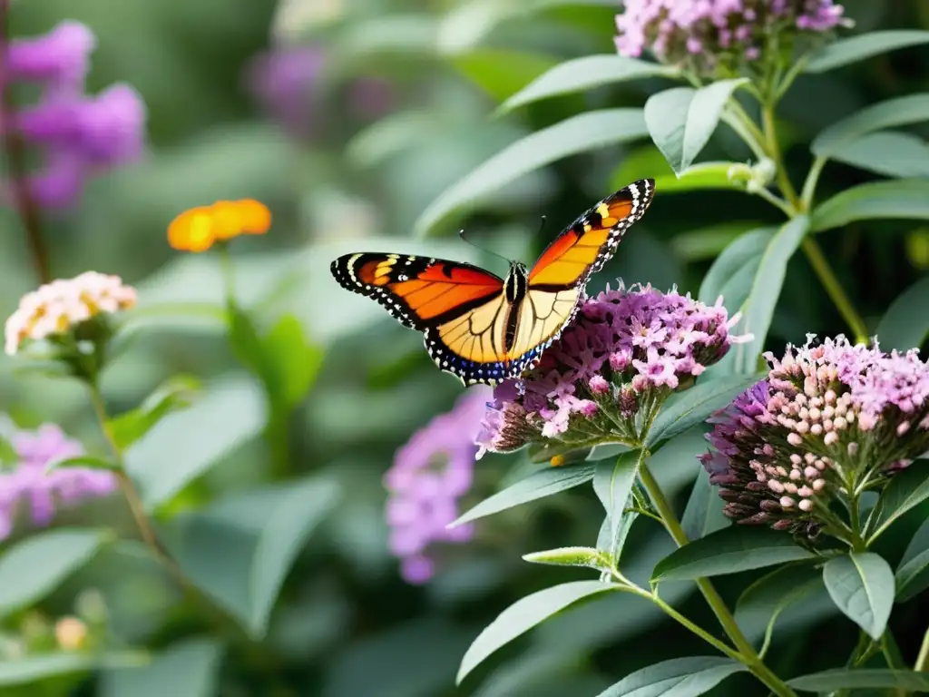 Un jardín urbano vibrante y bullicioso lleno de flores coloridas como algodoncillo, arbustos de mariposas y verbena