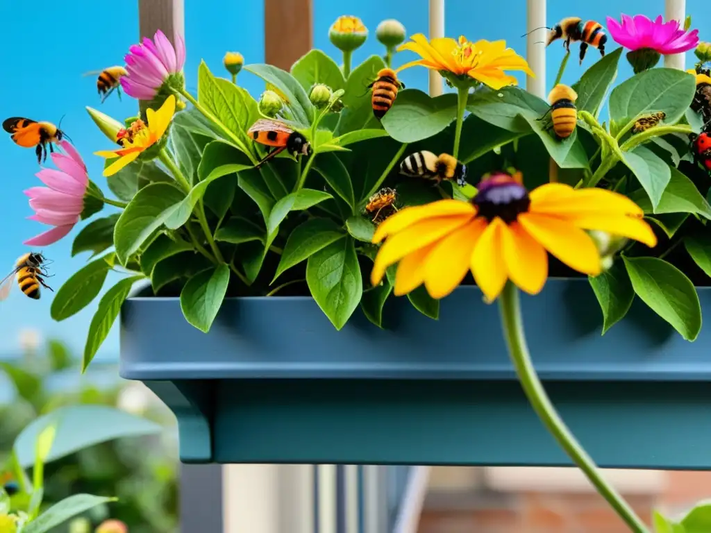 Jardín urbano vibrante lleno de flores, abejas, mariposas y mariquitas