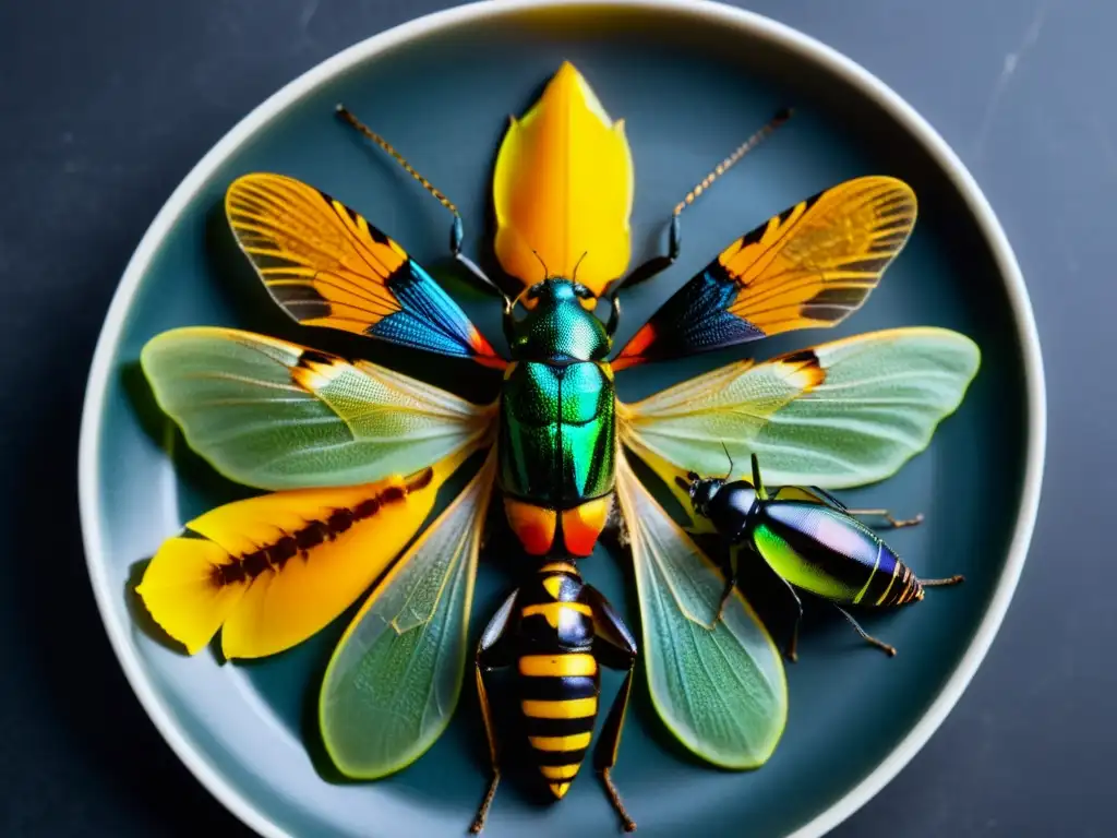 Una variedad colorida de insectos comestibles en un plato moderno