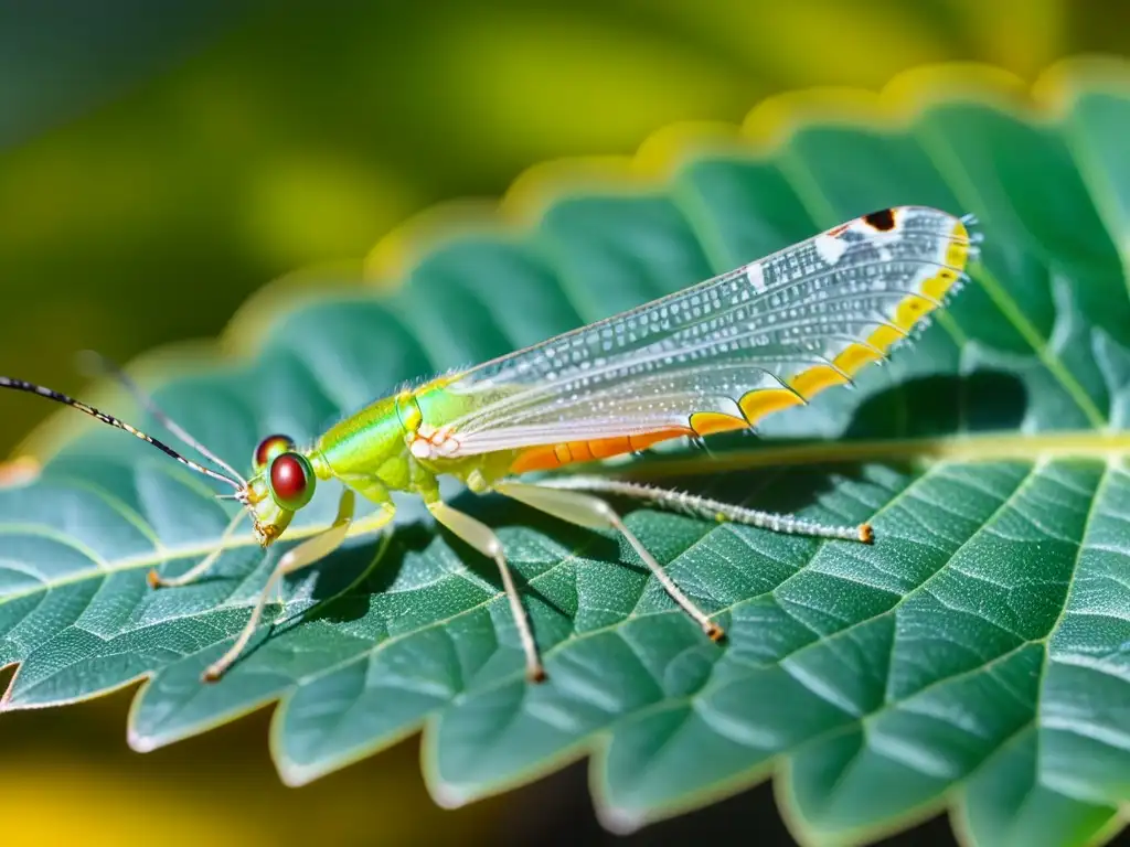 Una crisopa verde descansa delicadamente en una hoja, con sus alas iridiscentes y detallados ojos dorados