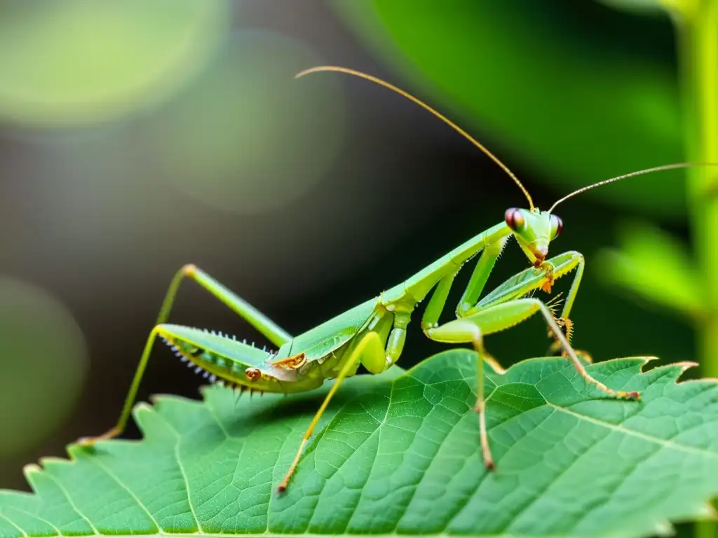 Una mantis verde descansa sobre una hoja, limpiando sus patas