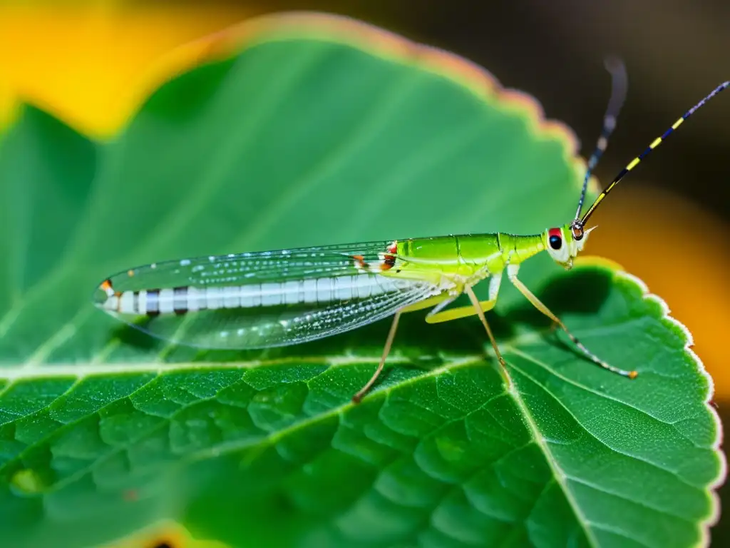 Una crisopa verde depositando huevos en una hoja, mostrando la reproducción asexual en insectos con asombroso detalle y vibrante color