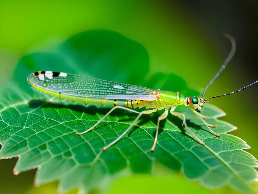 Una crisopa verde iridiscente descansa en una delicada telaraña entre follaje vibrante