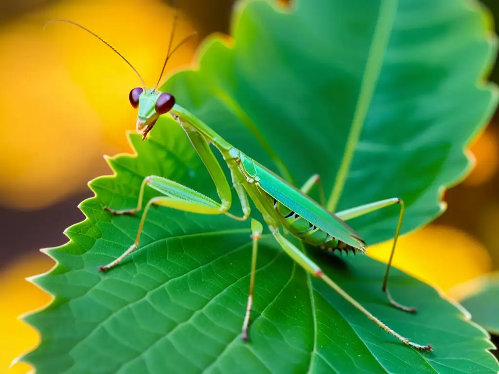 Una mantis verde posada en una hoja, con su exoesqueleto detallado y alas delicadas