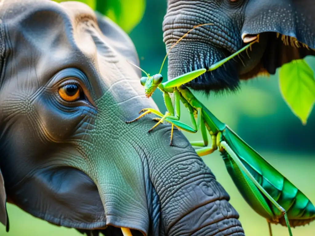 Una mantis verde vibrante acicala a un elefante majestuoso en una escena fascinante