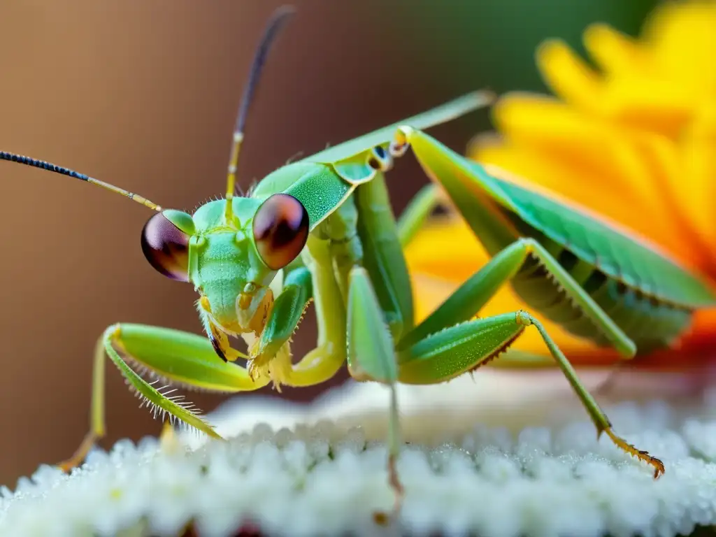 Una mantis verde vibrante descansa en una flor, con gotas de agua