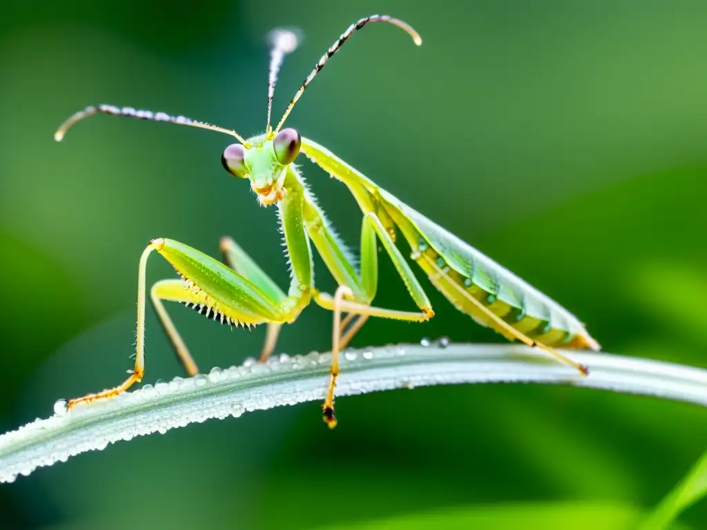 Una mantis verde vibrante, con gotas de rocío en sus antenas y patas, detallando su exoesqueleto y ojos compuestos