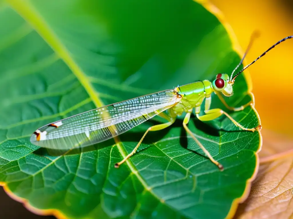 Una Crisopa verde vibrante descansa en una hoja, con sus alas translúcidas y ojos dorados