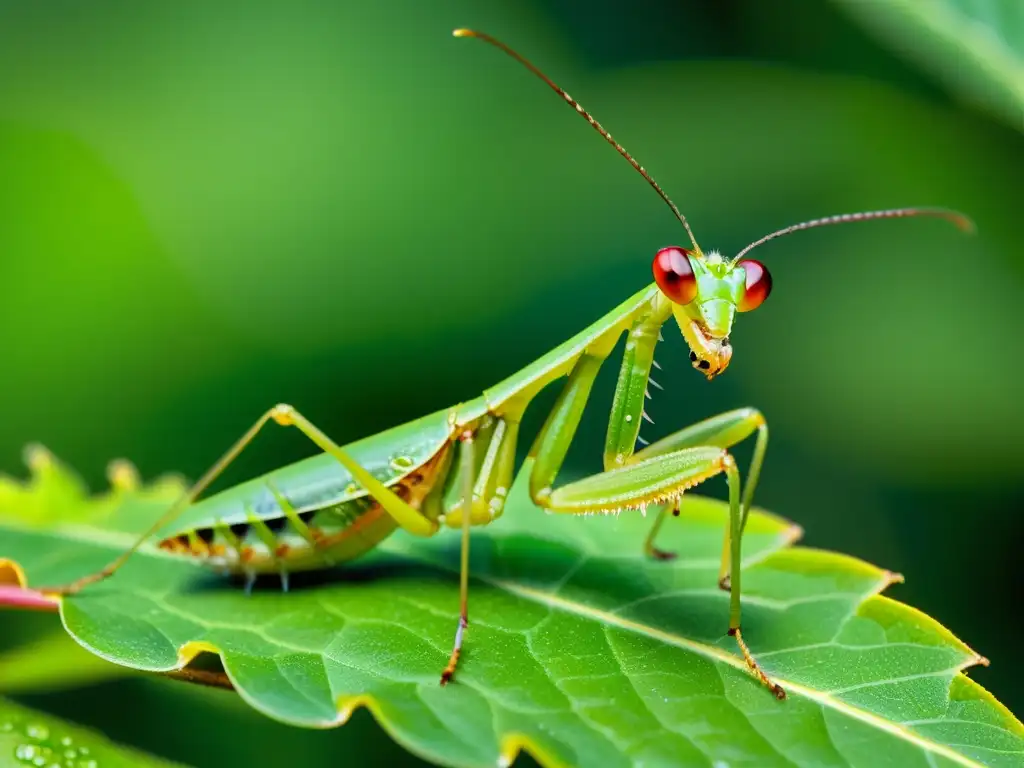 'Una mantis verde vibrante descansa en una hoja, con sus detallados ojos compuestos y alas translúcidas