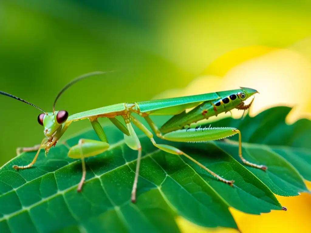 Una mantis verde vibrante posada en una hoja delicada, con su exoesqueleto y ojos compuestos brillando bajo la suave luz del sol