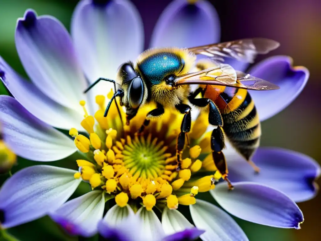 Vibrante polinización: una abeja cubierta de polen amarillo sobre una flor morada