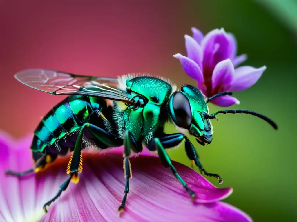 Vibrante abeja metálica sobre pétalo de orquídea, recogiendo néctar