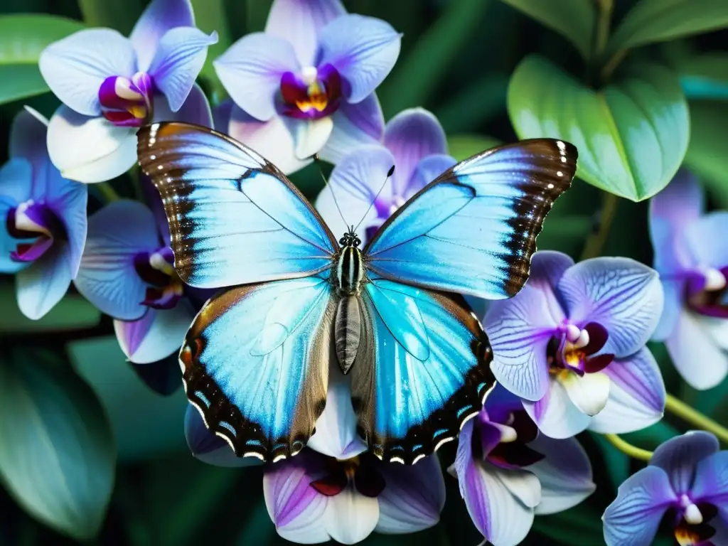 Vibrante mariposa azul Morpho menelaus sobre orquídeas moradas