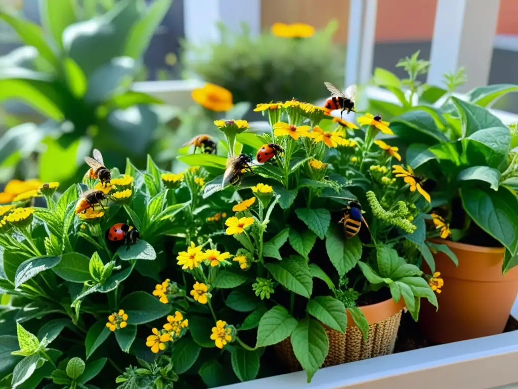 Un jardín de balcón vibrante y bullicioso, atrae insectos útiles en espacios pequeños con flores e insectos detallados bajo la cálida luz del sol