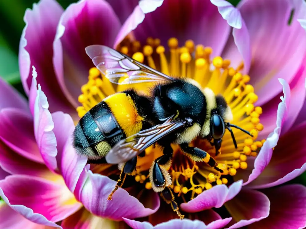 Vibrante bumblebee cubierto de polen amarillo sobre una peonía rosa