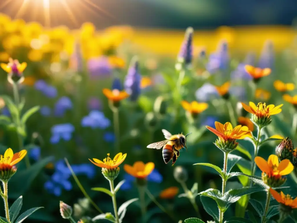 Vibrante campo de flores silvestres con abejas y otros polinizadores