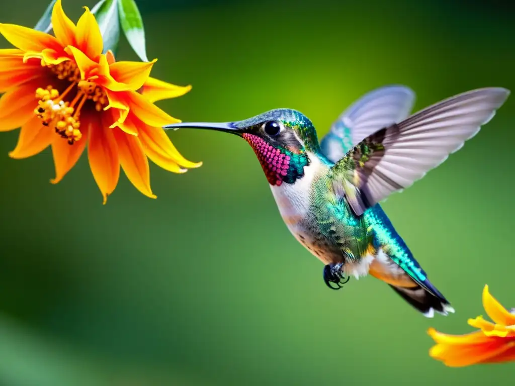 Vibrante colibrí verde libando néctar de una flor naranja