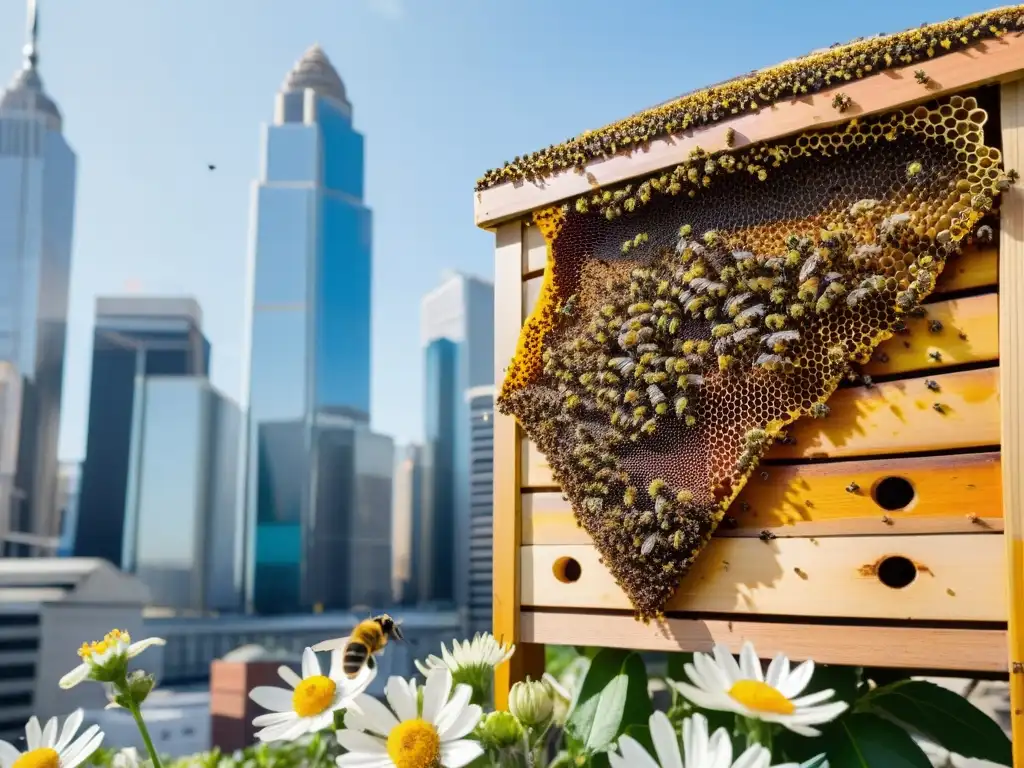 Vibrante colmena urbana con abejas recolectando néctar