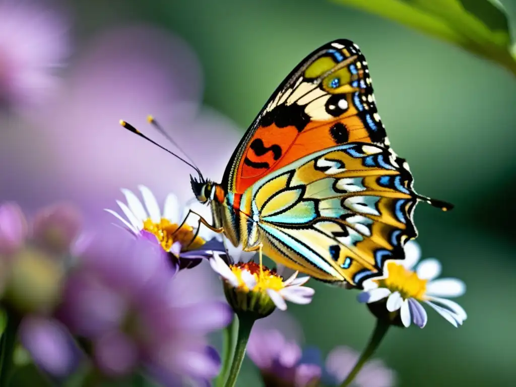 Mariposa vibrante libando néctar en delicada flor