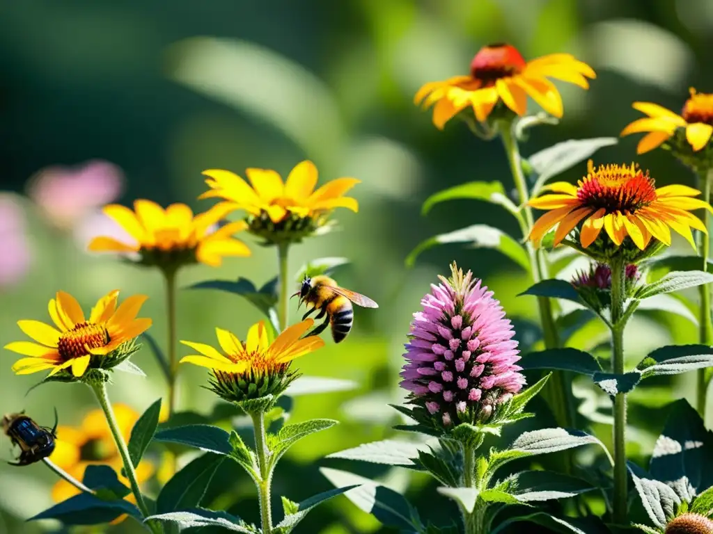 Un jardín vibrante y detallado atrae insectos nativos con flores nativas como coneflowers, blackeyed susans y bee balm, resaltando su belleza natural