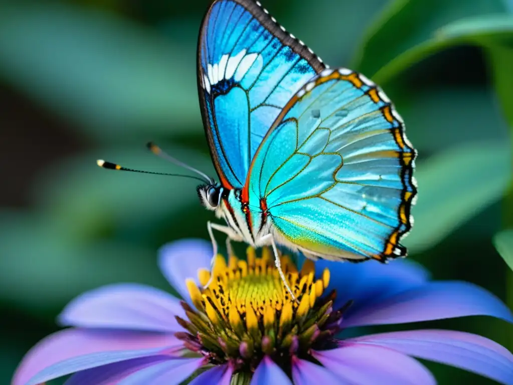 Un vibrante y detallado primer plano de una mariposa iridiscente posada en un pétalo de flor, con detalles asombrosos de su anatomía