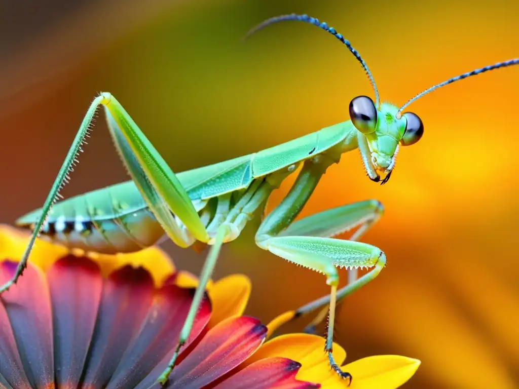 Mantis verde en flor naranja: belleza y detalle Un vibrante y detallado primer plano de una mantis religiosa verde sobre un pétalo de flor naranja