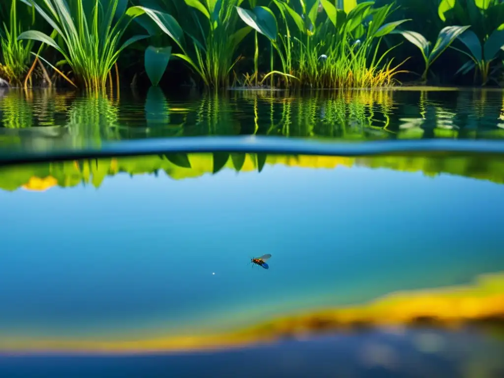 Vibrante ecosistema de insectos acuáticos en agua dulce, con detalles impresionantes y equilibrio natural