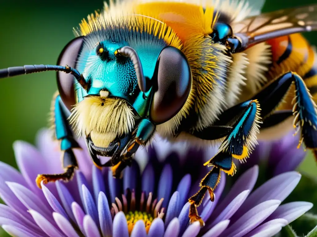 Un vibrante ecosistema de insectos y polinizadores se congrega en una flor, mostrando la amenaza de los monocultivos a insectos