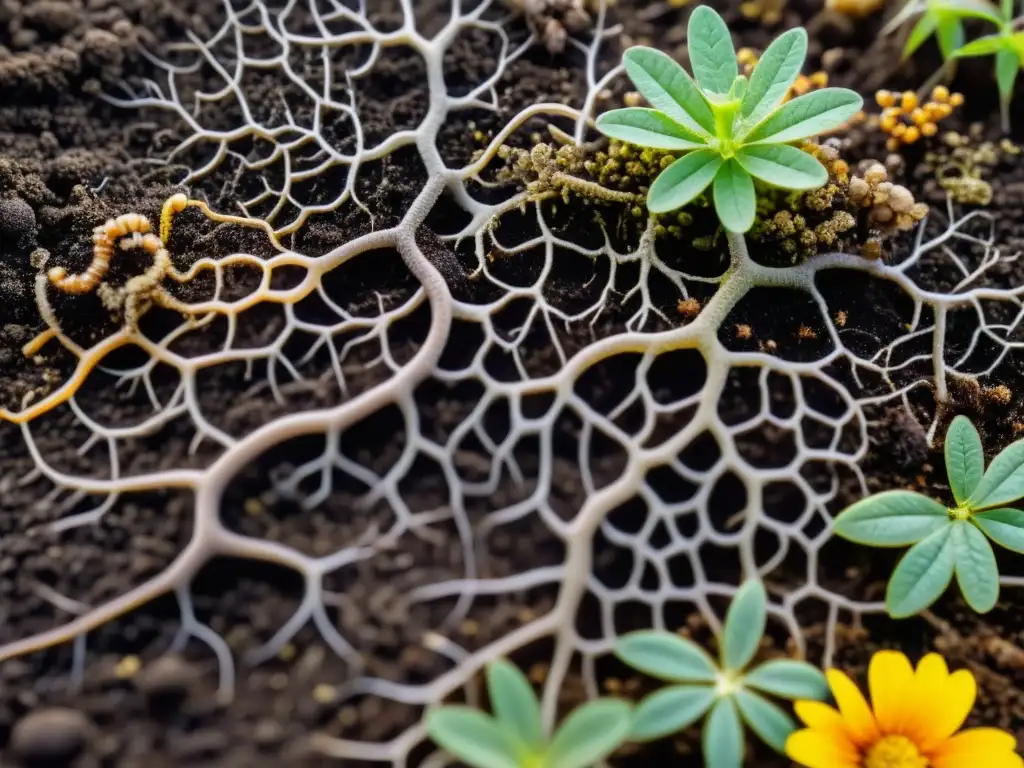 Vibrante ecosistema de suelo saludable, muestra raíces entrelazadas, hongos y organismos