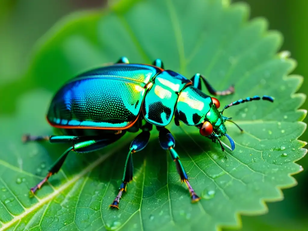 Vibrante escarabajo iridiscente sobre hoja con gotas de agua