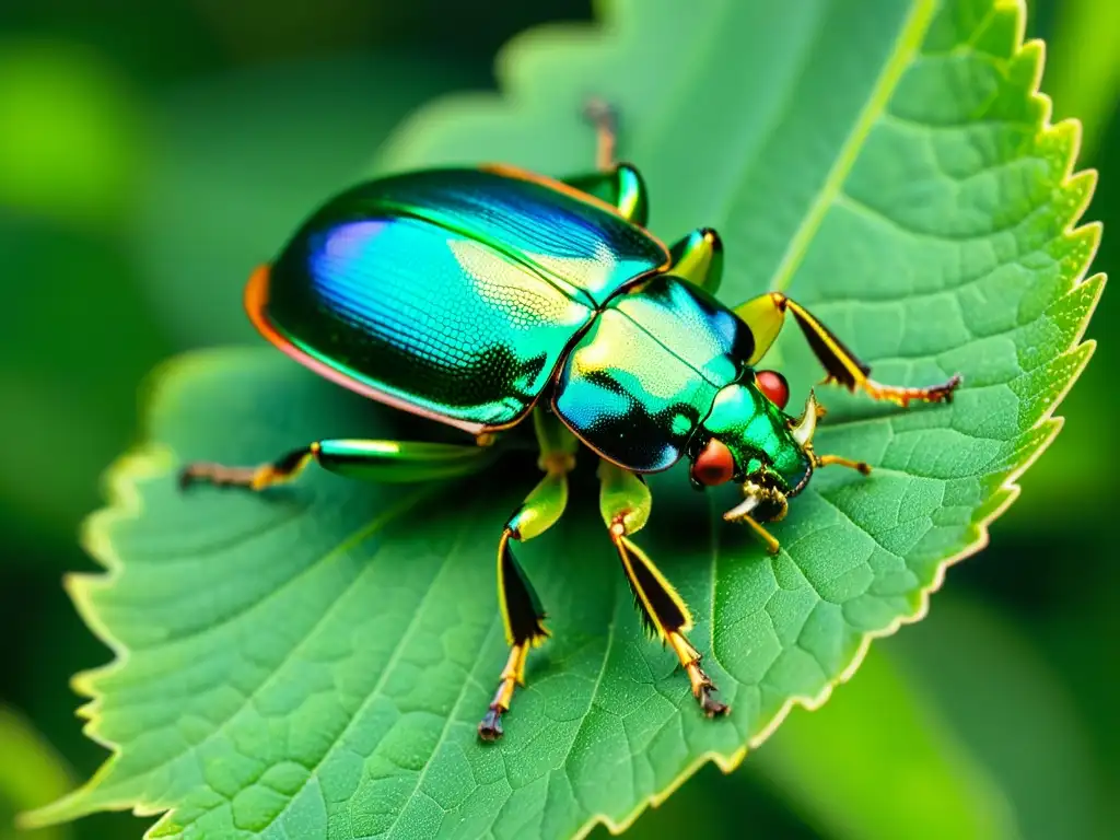 Vibrante escarabajo metálico verde en hoja, detallado y brillante