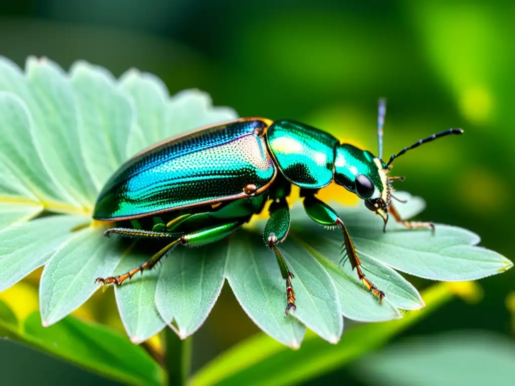 Un vibrante escarabajo metálico verde descansa sobre un pétalo, con sus alas desplegadas