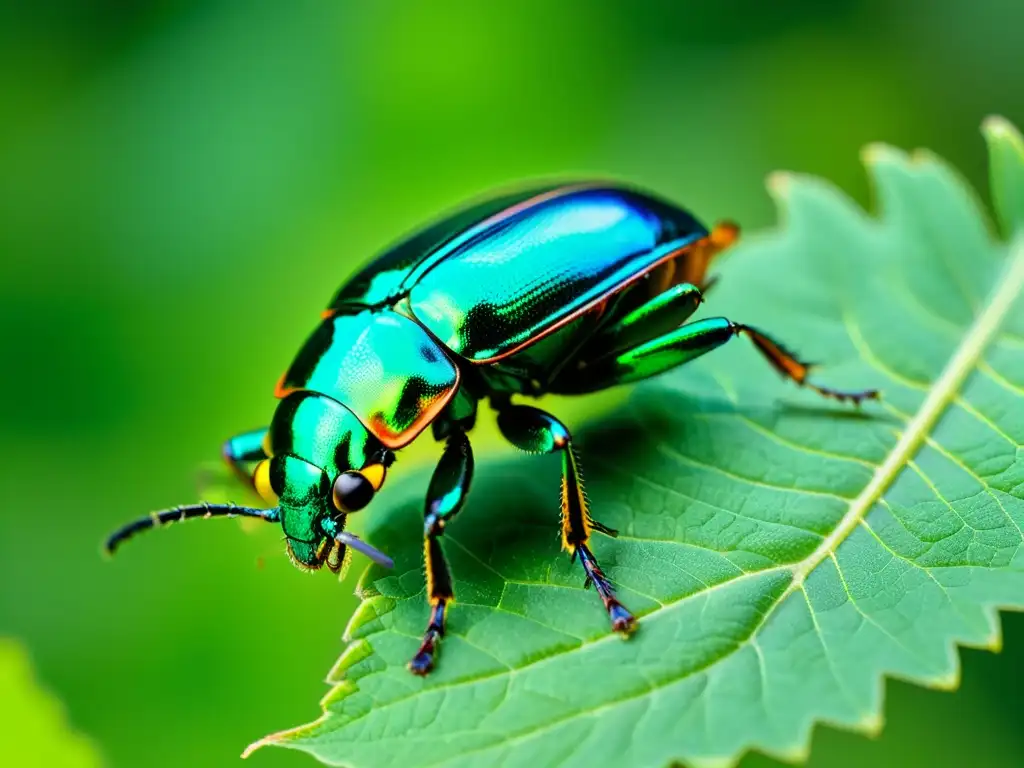 Vibrante escarabajo verde en hoja, destellos en su exoesqueleto, alas translúcidas