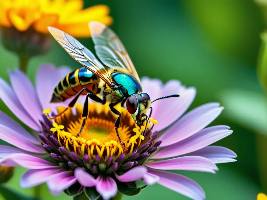 Vibrante escena de jardín con insecto polinizador en flor