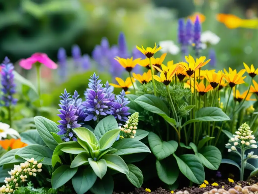 Jardín vibrante con estrategias ecológicas para repeler insectos dañinos