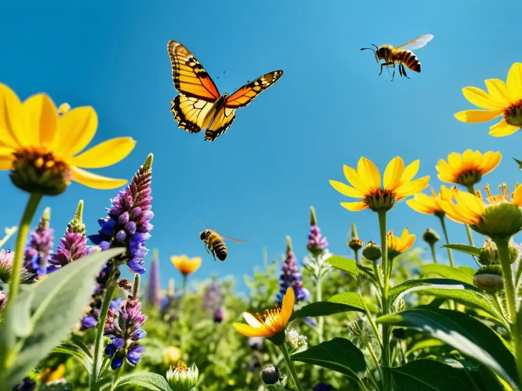 Un jardín vibrante y exuberante atrae insectos nativos con sus flores detalladas y una diversa vida silvestre