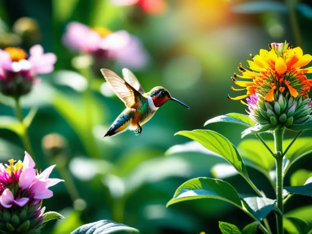 Un jardín vibrante y exuberante rebosante de flores coloridas con polinizadores en pleno vuelo