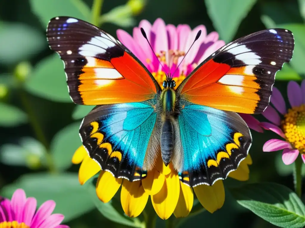 Vibrante mariposa sobre flor, sus alas despliegan patrones y texturas fascinantes