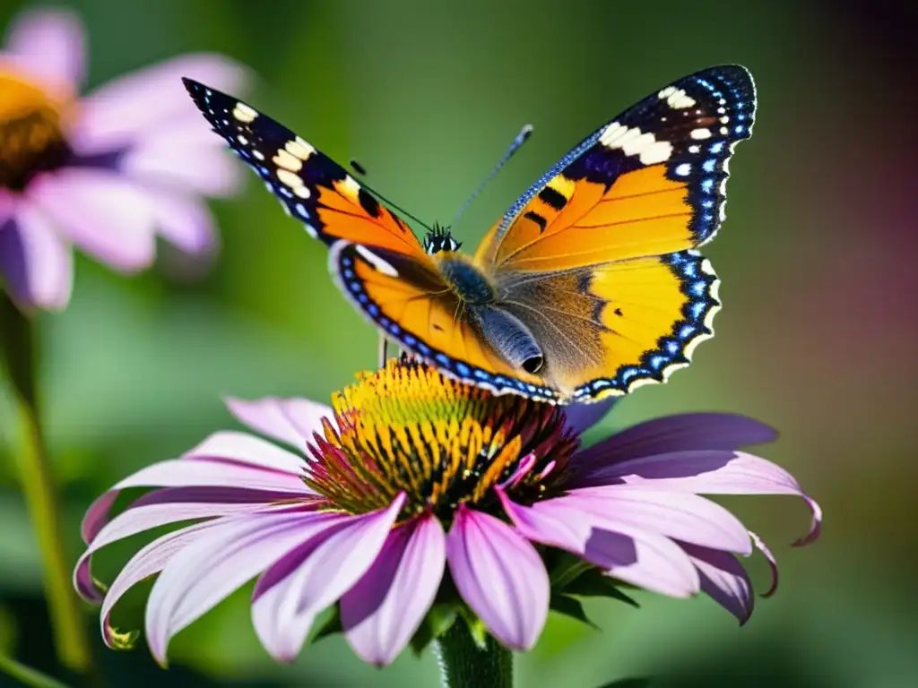 Mariposa vibrante en flor púrpura, revelando patrones y colores