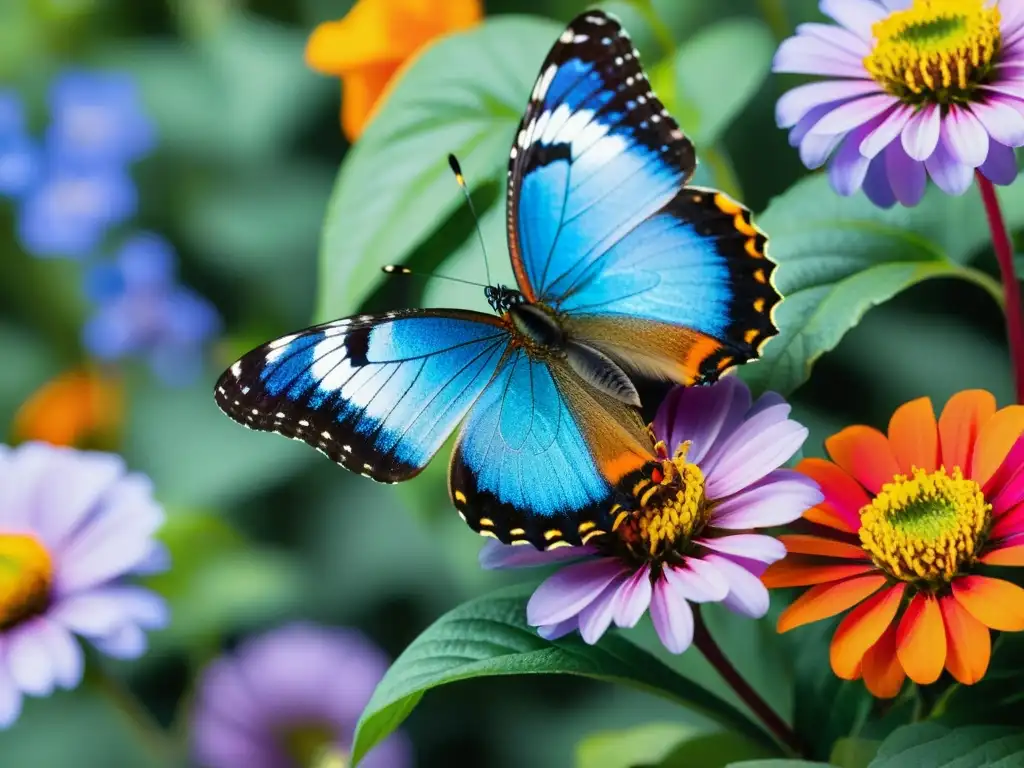 Un jardín vibrante con flores y mariposas en un cálido resplandor dorado