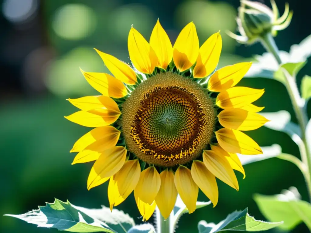 Vibrante girasol orgánico siendo polinizado por abejas y mariposas