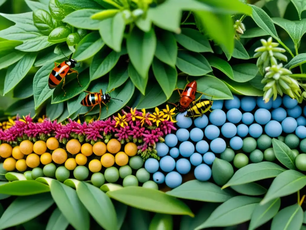 Vibrante granja de suplementos de insectos en un ecosistema biodiverso, destacando la seguridad y la conexión natural de los insectos con su entorno