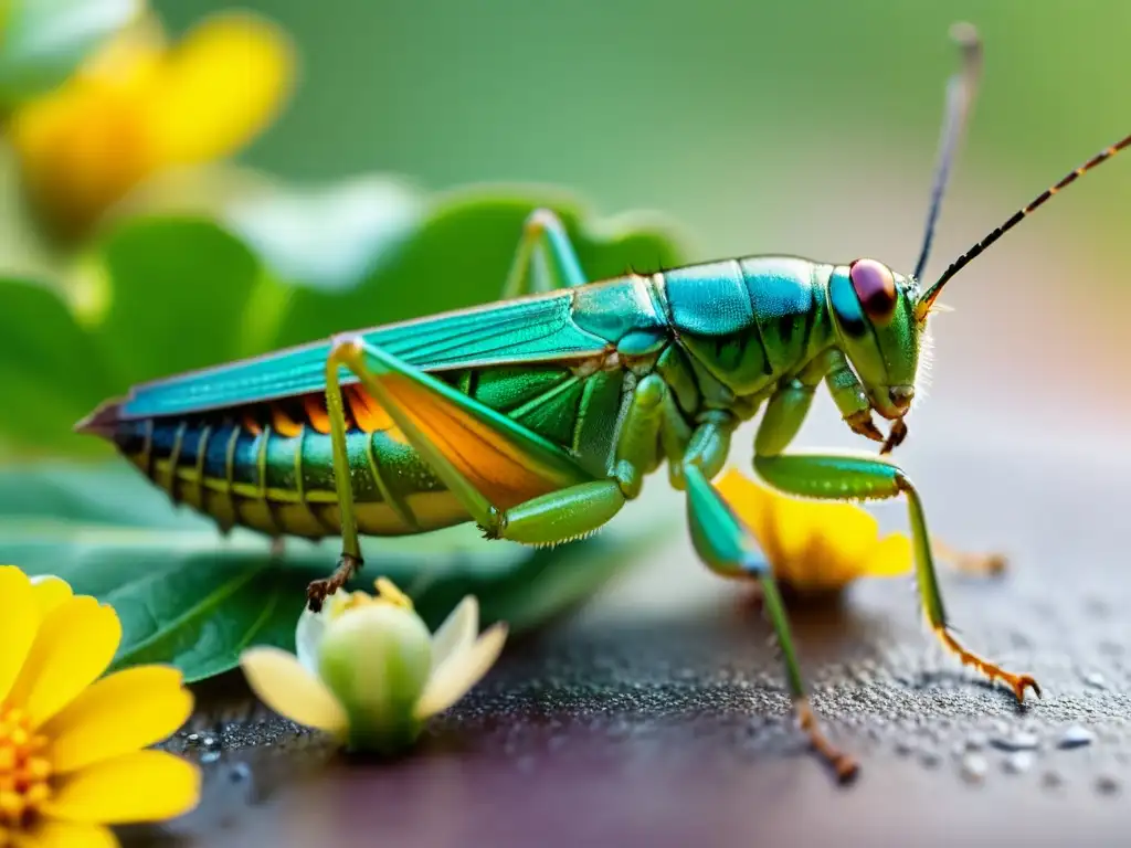 Vibrante grillo verde sobre flores comestibles, capturando la esencia de recetas innovadoras suplementos alimenticios insectos